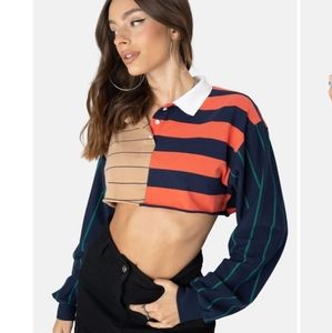 Mixed pattern crop polo shirt